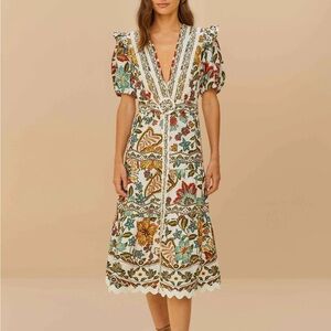 FARM Rio White Floral Midi Dress with Red, Teal & Mustard Embroidery